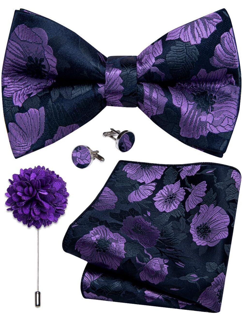 1680 Purple Black Bow Tie Floral Pre-tied Tuxedo Bowties Pocket Square